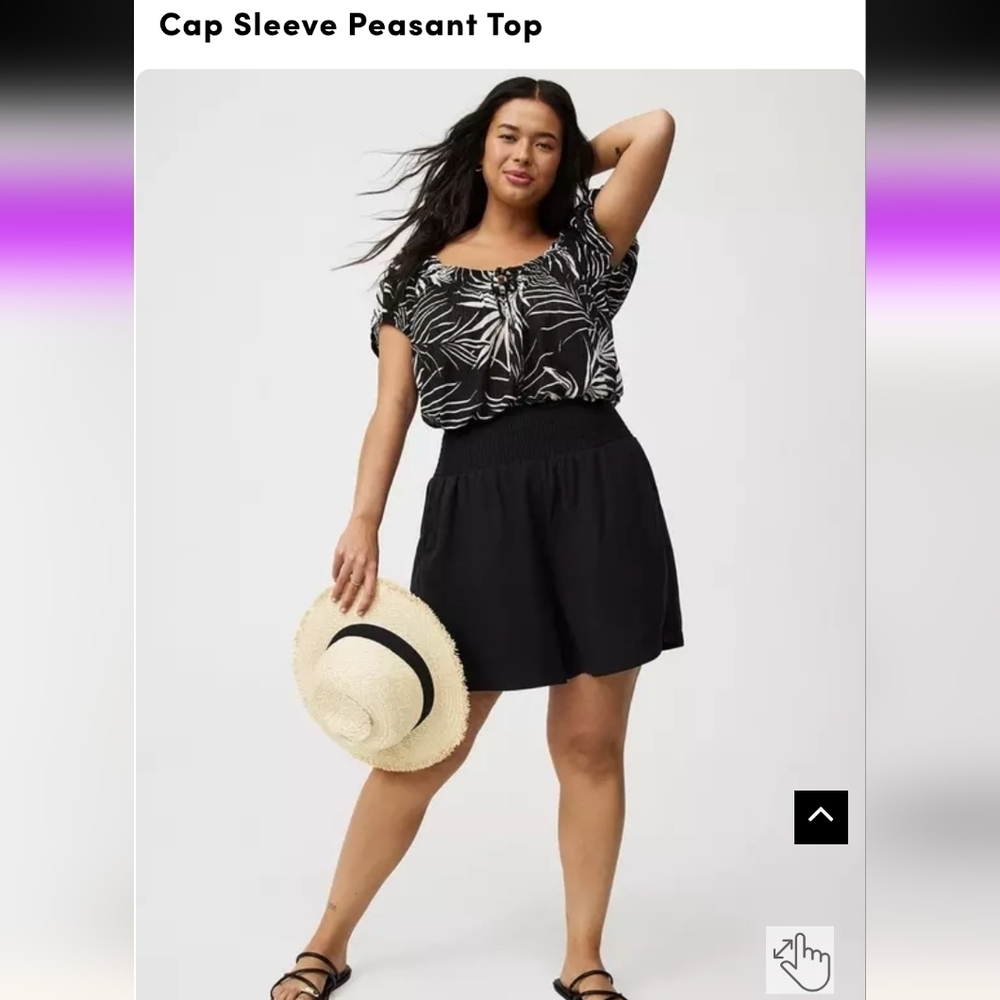 Torrid Cap Sleeve Peasant Top Black & White Tropical Print Sz 1x New Without Tag